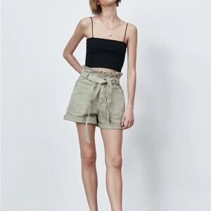 Zara High Waist Paper Bag Denim Shorts Green No Belt